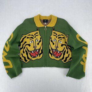 Lazy Oaf Tiger Graphic Zip Up Cardigan Sweater Green Yellow Small O-Ring Knit